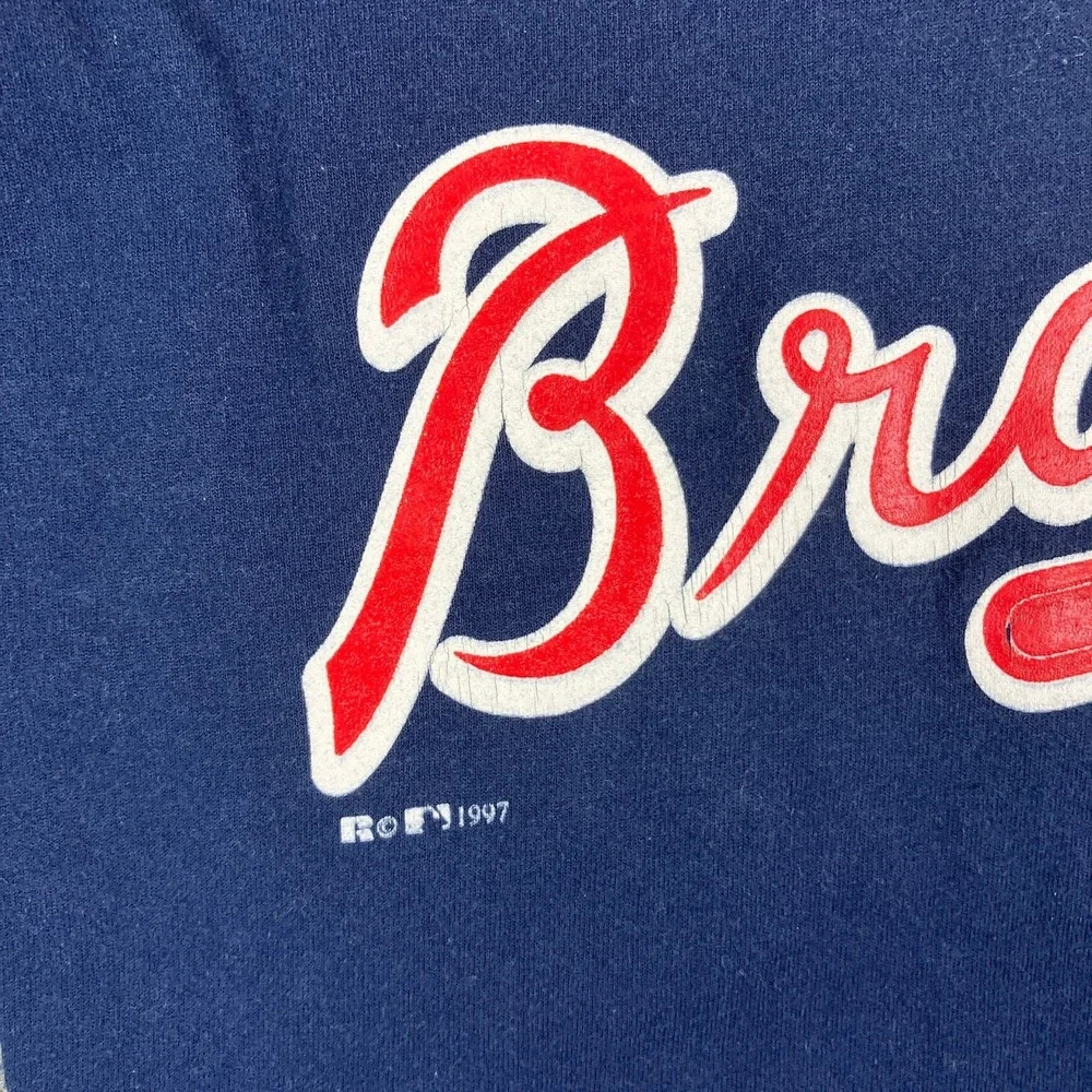 Russell T-Shirt Youth Size L Navy Braves Graphic Henley MLB Baseball Jersey‎